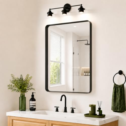 Koonmi Black Bathroom Mirror for Over Sink, 22x30 Inch Wall Mirror for Wall Matte Rectangle Metal Deep Framed, Shatterproof Tempered Glass Mirrors for Bathroom, Hang Vertically or Horizontally