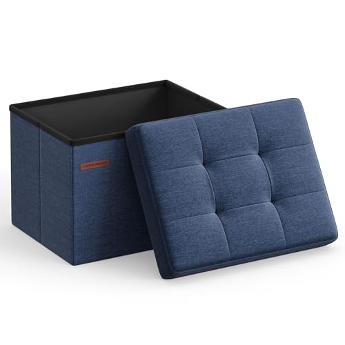 SONGMICS Mazie Collection - Small Folding Storage Ottoman, Foot Rest Stool, 12.2 x 16.1 x 12.2 Inches, 286 lb Load Capacity, for Living Room, Bedroom, Home Office, Dorm, Midnight Blue ULSF102Q02