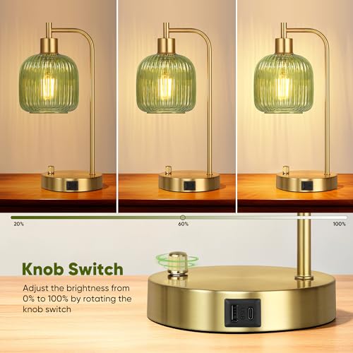 QiMH Industrial Table Lamp for Bedroom Set of 2, Green Glass Beside Lamp with USB A&C Ports, Stepless Dimmable Gold Lamps, Nightstand Lamps for Living Room, Office, Home Decor(Bulb Included)