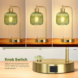QiMH Industrial Table Lamp for Bedroom Set of 2, Green Glass Beside Lamp with USB A&C Ports, Stepless Dimmable Gold Lamps, Nightstand Lamps for Living Room, Office, Home Decor(Bulb Included)