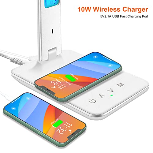 Desk Lamp with Wireless Charger, USB Charging Port, Dimmable Office Desk Light with Clock, Alarm, Date, Temperature, Foldable Lamp for Table Bedroom Bedside Office (White)