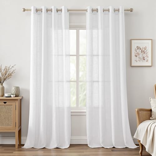 HOMEIDEAS White Linen Sheer Curtains, Linen Textured Semi Sheer Curtains 84 Inches Long, Farmhouse Light Filtering Window Drapes for Bedroom Living Room, 2 Panels, W52 x L84