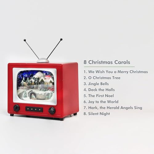 MOMENTS IN TIME 6" H Red Retro TV with Mountain Scene (Animated Train) - LED Lights - 8 Classic Carols Christmas Music - Battery Operated - Hand-Painted Resin Polyresin Injection Plastic