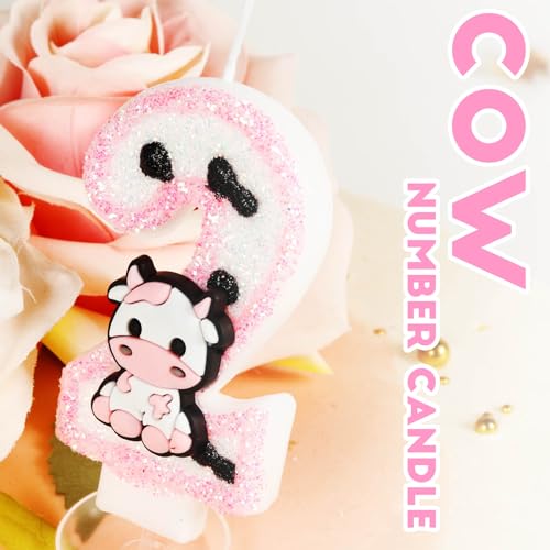 Pink Cow Glitter Birthday Candles Number 1 Birthday Decorations, Holy Cow Im One Birthday Decorations, Number 1 Candle for Cake, Cowgirl Theme Number Candle for Girls First 1st Birthday Party Décor