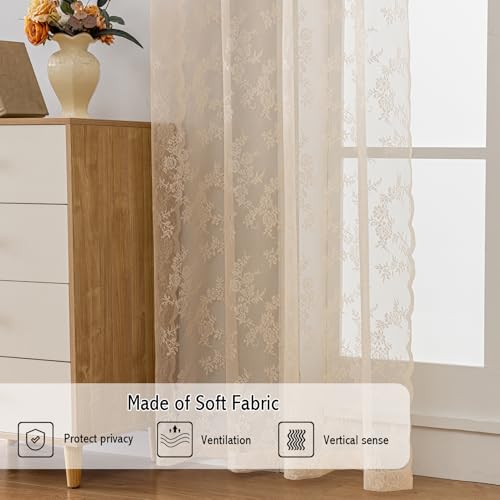 Anytime Beige Lace Sheer Curtain Panels for Living Room Elegant Window Treatment Sets Light Filtering Translucent Draperies for Office (2 Panels,W55 x L84inch)