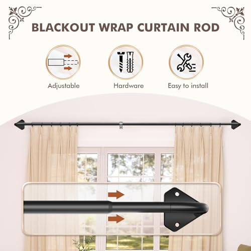 Curtain Rods, No Rust Adjustable Blackout Drapery Rods, 5/8 Inch Diameter Wrap Around Curtain Pole for Windows, Ideal for Bedroom, Outdoor (28-48 Inch, 2 Pack, Black)