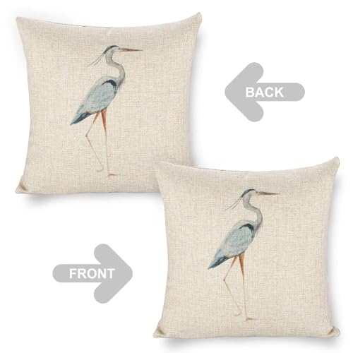 Linen Throw Pillow Covers Blue Egret on Coastal 18x18 Decorative Pillows for Bed Couch Cushion Sofa Outdoor