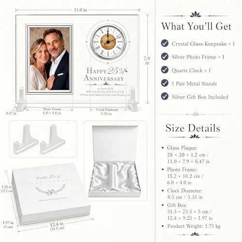 25th Wedding Anniversary Quartz Clock | silver Anniversary Decorative Gift for Parents Couples Him or Her (Battery Not Included)