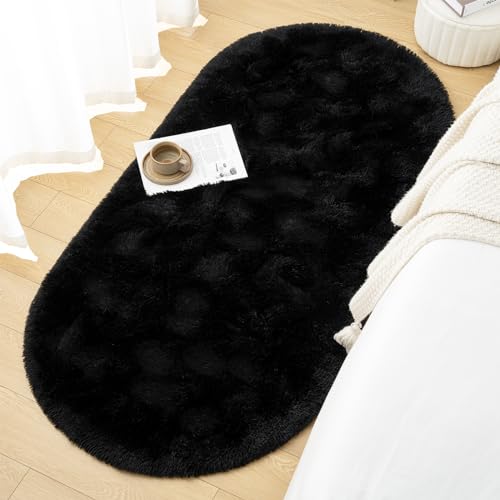 Goideal Fluffy Bedroom Rug, Small Oval Area Rugs, Black Shag Bedside Carpet for Kids Room Nursery Dorm Cute Fuzzy Indoor Decor for Boy and Girl, 2.6 x 5.3 Feet