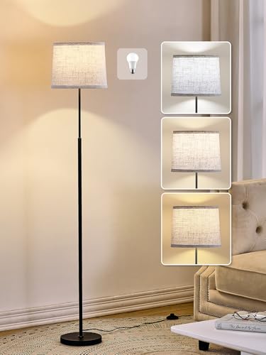 60" Modern Floor Lamp for Living Room Bedroom, Standing Lamp with Oatmeal Linen Lampshade, Tall Lamp with A19 9W 3 Color Temperature Bulb, Foot Switch Control, Black
