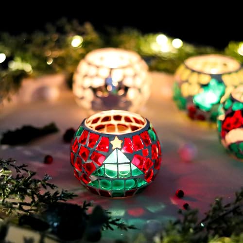 4 PCS Mosaic Glass Tealight Votive Candle Holders - Red & Green Christmas Table Centerpiece Decorations for Indoor/Outdoor Holiday Decor