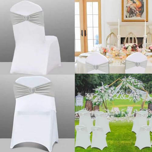 Silver Grey Chair Sashes 50 Pack Spandex Grey Sashes for Chairs Covers Universal Stretch Chair Sashes Band with Heart Buckle Slider for Wedding Banquet Party Decorations