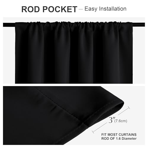 PONY DANCE Black Out Curtains 72 inch Long - Blackout Solid Rod Pocket Thermal Insulated Panels for Bedroom Living Room, Energy Efficient Window Drapes, 42-inch by 72-inch, Black, 2 Pieces