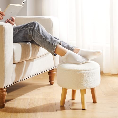 IBUYKE Small Foot Stool Ottoman with Storage, Round, Cream