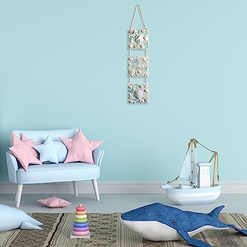 flangairy 20.5"x4.3" 3D Seashell Starfish Conch Beach Wall Hanging Decor | Wooden Base, Sand, Glass, Resin Sea Star Fish Shells, Ocean Coastal Theme Room Art, Nautical Bathroom Decorations for Home