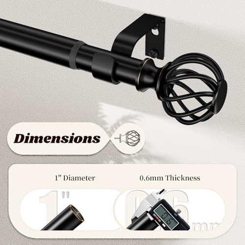 Curtain Rods for Windows 48-90 Inch(4-7.5Ft), Matte Black Decorative Curtain Rod Adjustable, Heavy Duty 1 Inch Drapery Rod for Living Room Bedroom Kitchen
