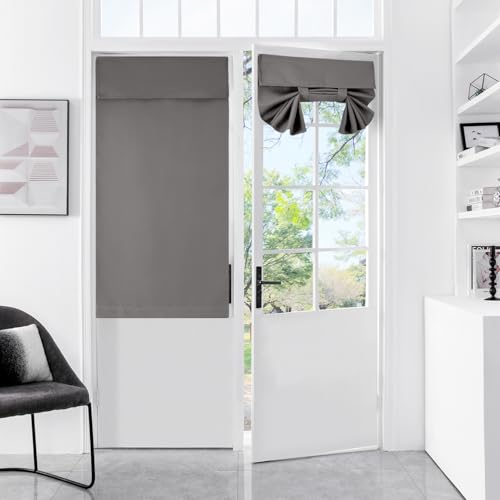 WdFour Privacy Blackout Tie Up French Door Curtain. | 25×40 Inch dark gray single panel curtain, easy install washable fabric for front door, sidelights, entryway and living room.