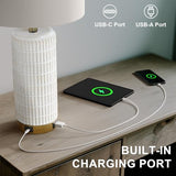 PoKat Touch Bedside Table Lamps with USB Ports for Bedroom Living Room, 25'' Dimmable Nightstand Touch Lamps for Living Room, Modern Ceramic Lamps for Night Stands Bedroom, Office, White and Beige