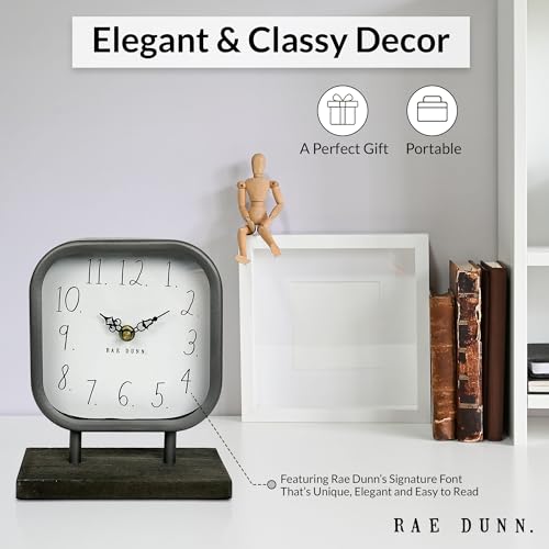 Rae Dunn Desk Clock - Battery Operated Modern Metal Rustic Design with Wooden Base for Bedroom, Office, Kitchen - Small Classic Analog Display - Chic Home Décor for Desktop Table, Countertop