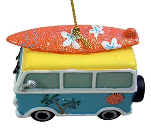 Tropical Beach Theme Hippy Van with Surfboard Hanging Christmas Tree Ornament, 3 1/2 Inch