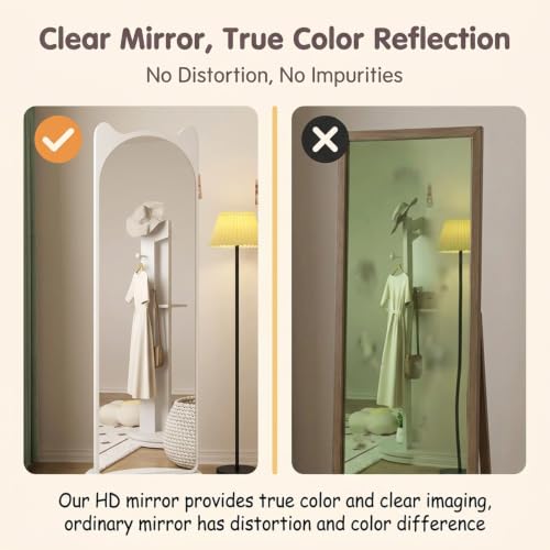 Rotating Full Length Cat Ear Floor Mirror with Storage, 360° Swivel Stand, HD No-Distortion Glass, Space Saving for Bedroom, Living Room, Entryway(Walnut,165x40cm/65x15.7in)