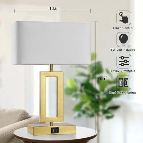 Gold Table Lamps Set of 2 with Dual USB Ports,3-Way Dimmable Touch Control Bedside Lamps,Modern Bedroom Table Lamp for Living Room,Nightstand LED Bulbs Included