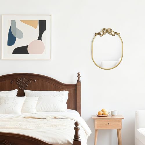 SANY DAYO HOME Wall Hanging 16″ x 12″ Gold Metal Framed Oval Mirror with Decorative Bow, Modern Farmhouse Real Glass Accent Mirror for Vanity, Bathroom, Entryway