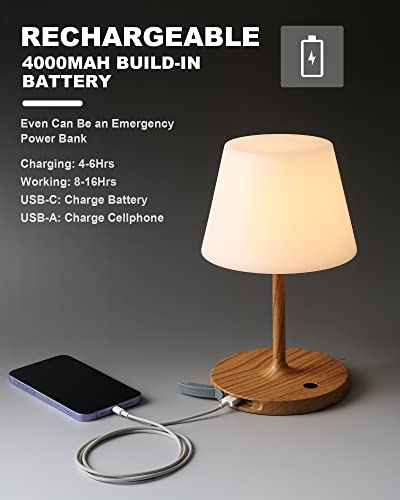 Outdoor Battery Operated Table Lamp Waterproof, 4000mAh Cordless Table Lamp Rechargeable, Touch Dimmable Desk Lamp, LED Night Light for Patio Camping Restaurant Home (Wood Grain, 9.6in)