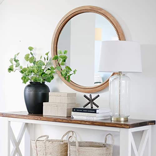 sawsile Round Wood Mirror,24 inch Circle Rustic Farmhouse Natural Wooden Frame Boho Beads Wall Mirror for Bathroom,Living Room,Bedroom or Entryway