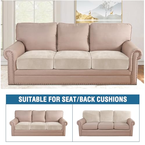 H.VERSAILTEX Velvet Stretch Couch Cushion Cover Plush Cushion Slipcover for Chair Loveseat Sofa Cushion Furniture Protector Seat Cushion Sofa Cover (3 Piece Sofa Cushion Covers, Ivory)
