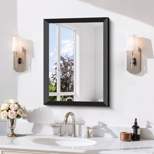 DESBING 18x24 inch Black Bathroom Mirror,Bevelled Edge Black Mirror with Ribbed Texture-Modern Rectangle Bathroom Wall Mirror for Vanity, Tempered Glass,Hangs Horizontally or Vertically