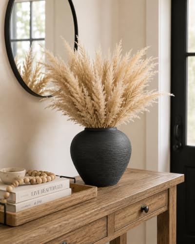 Black Ceramic Vase 7" H Round Rustic Flower Vase for Home Decor | Rustic Vase 3.9" Opening 8.7" W x 7" H Farmhouse Dining Table Centerpiece Shelf, Mantels, Kitchen, Entryway Living Room Decor