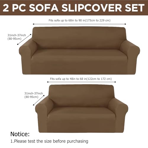 Peryiter 2 Pcs Sofa Covers Couch and Loveseat Covers Set Stretch Sofa Slipcover for Living Room Armchair Furniture Protector, Wrinkle Proof(Chocolate,Milk Silk)