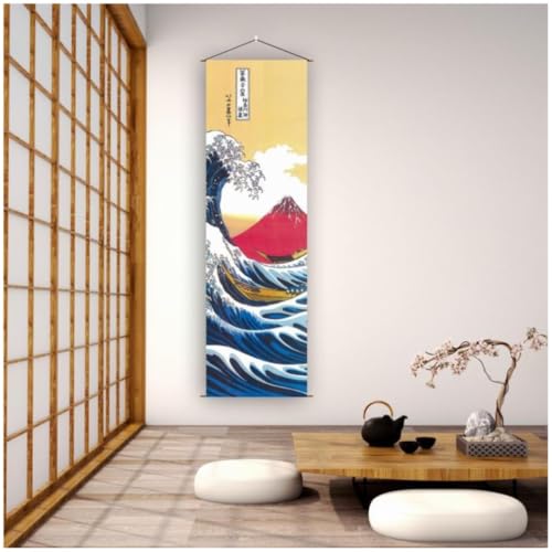 Japanese Scroll Oriental Wall Art Decor, Long Vertical Tapestry, Ukiyo-e The Great Wave Off Kanagawa by Hokusai - W15.7" x H47.2" - for Living Room,Bedroom,or Office Sushi bar Asian Restaurant CTT-18