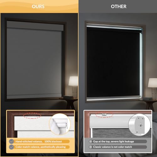 Boolegon Cordless Blackout Roller Shades for Windows, Free-Stop Linen Shades with Valance, Thermal Insulated Fabric, UV Protection Roller Blinds for Home, Office (Beige, 15" W x 48" H)