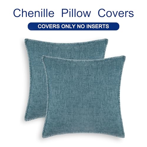CaliTime Throw Pillow Covers Decorative 18 X 18 Inches Pack of 2 Cotton Thread Stitching Edges Solid Dyed Soft Chenille Cushion Cases for Couch Sofa Bed Living Room Farmhouse Smoke Blue