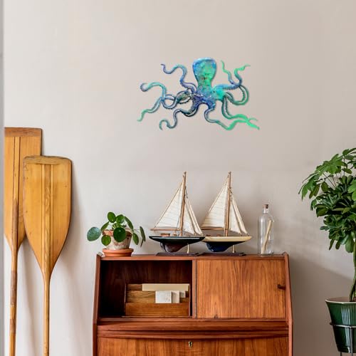 Zhengmy Octopus Metal Wall Art Octopus Wall Decor 18 x 11 Inch Extra Large Tropical Nautical Hanging Sculpture Beach Ocean Theme Home Bedroom Decoration Summer Gifts(Ocean Blue)
