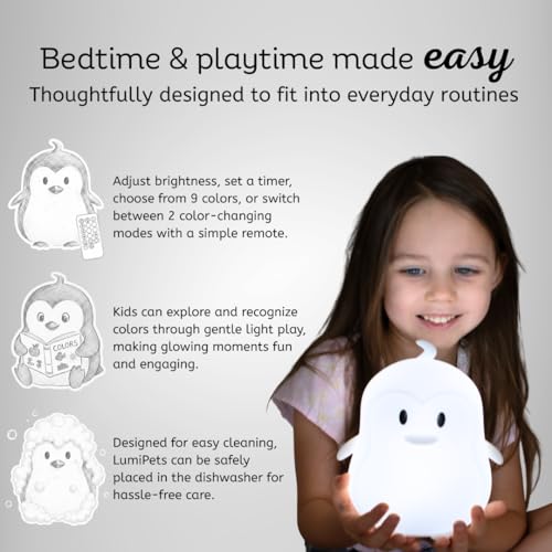 Lumipets Remote Control Silicone Night Light for Kids - Penguin Design with 9 Soft Colors & Sleep Timer - Rechargeable, Battery-Operated Lamp for Bedroom | Baby Nursery, Toddler, Girls, Boys