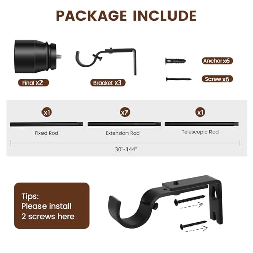Hradecti 1' Diameter Curtain Rods, 30-144 Inch, Black, Iron, Matte Black Painted, Fit 30-142 Inch Windows, Heavy Duty, Adjustable, Window Treatment Single Rods
