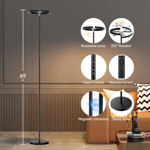 LED Floor Lamp - Rotatable Standing Lamp with Touch & Remote Control, 3000-6000K, 22W Modern Floor Reading Light, Dimmable Corner Uplighter for Living Room Bedroom Office, Black