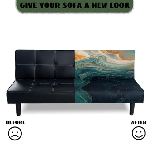 Marble Print Orange Cyan Armless Futon Cover Futon Mattress Covers Soft Elastic Dustproof Couch Slipcover Washable Sofa Bed Protector with Elastic Bottom