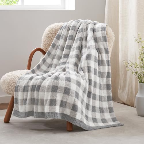 Snuggle Sac Buffalo Plaid Bedding Blanket Twin Size, Super Soft, Cozy Warm Knit Decorative Blankets, Reversible Plaid Fluffy Throws for Bed, Plaid Grey, 60x80 Inches