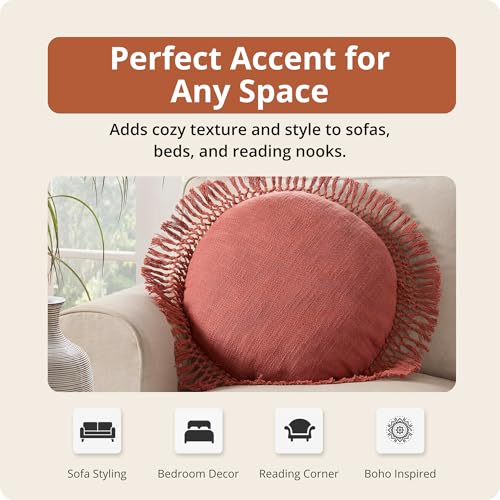 Indigo Ink Round Red Decorative Throw Pillow with Tassels - 20" x 20" | Cotton Throw Cushion for Couch, Chair, Bed | Cute Home Decor | Soft Plush Filling | Tufted Medallion Collection, Ginger Spice