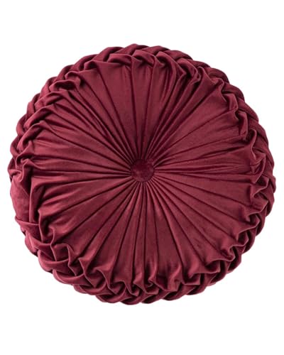 HLOVME Round Velvet Pillow for Couch Small Handmade Decorative Throw Pillow for Bed Bedroom 13.7” Dark Red