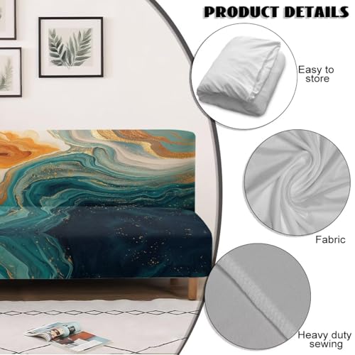 Marble Print Orange Cyan Armless Futon Cover Futon Mattress Covers Soft Elastic Dustproof Couch Slipcover Washable Sofa Bed Protector with Elastic Bottom