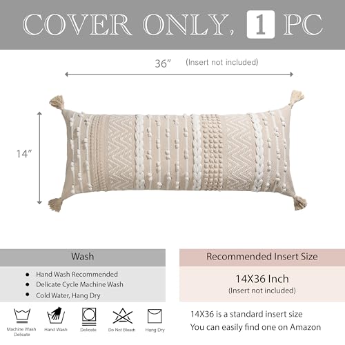 BlissBlush Cream Decorative Lumbar Throw Pillow Cover 14x36 Boho Long Cushion for Bed Neutral Beige White Accent Modern Farmhouse Pillowcase for Bedroom Living Room Couch Sofa Home Décor Cover ONLY