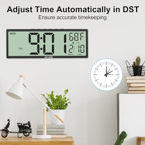 14.5'' Large Digital Wall Clock Battery Operated with Jumbo Numbers, Auto DST, Day, Date, Alarm, Temperature for Living Room, Bedroom, Desk Decor, Gift, LCD Screen Display Easy to Read and Set
