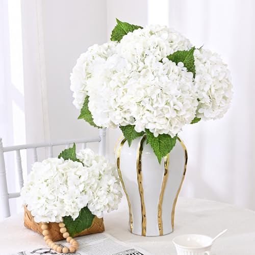 Yastouay 3 Pcs Real Touch Hydrangea Artificial Flowers, 21" White Full Faux Hydrangea Flowers Latex Fake Flowers for Home Decor Party Floral Arrangements Wedding Bouquets Centerpieces Outdoor Decor