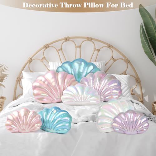 Marble Empire Seashell Pillow - Holographic Iridescent Foil Fabric Throw Pillow for Couch, Coastal Beach Theme Decor, Ocean Themed Bedroom Living Room Accent Pillow（Pearl White,18×13''）