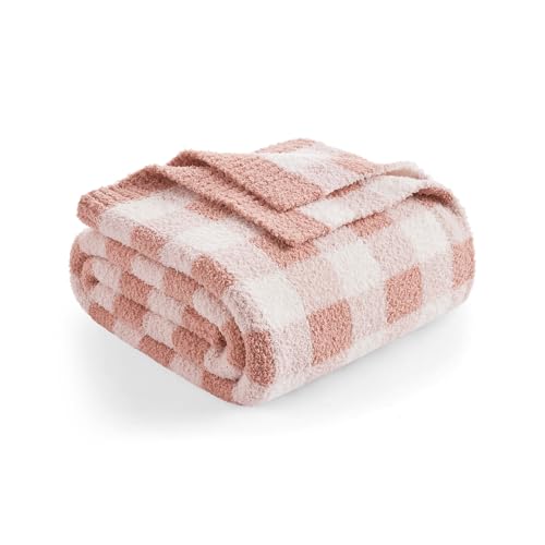 Snuggle Sac Checkered Throw Blanket for Couch, Super Soft, Cozy Warm Knit Decorative Blankets, Reversible Plaid Fluffy Throws for Sofa, Bed, Plaid Pink, 50x60 Inches